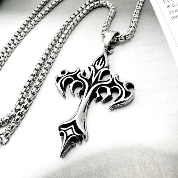 Necklace Flame Cross Anarchy Stainless Pendant Viking Gothic Y2K Biker Edgy rock - Picture 2 of 5